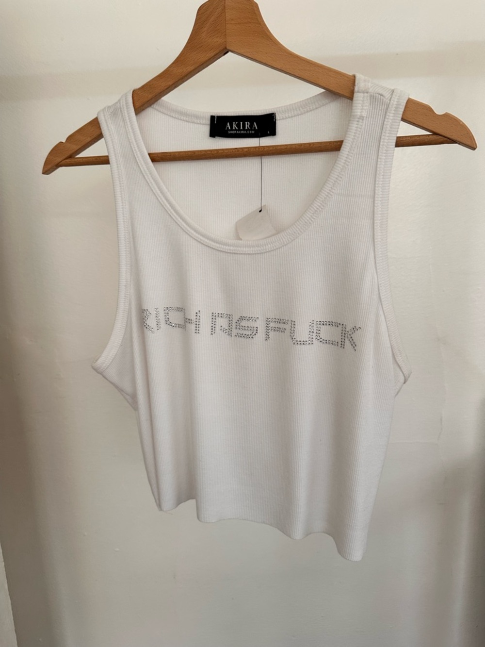 AKIRA Cropped White Ribbed Tank with Crystal Logo Detail